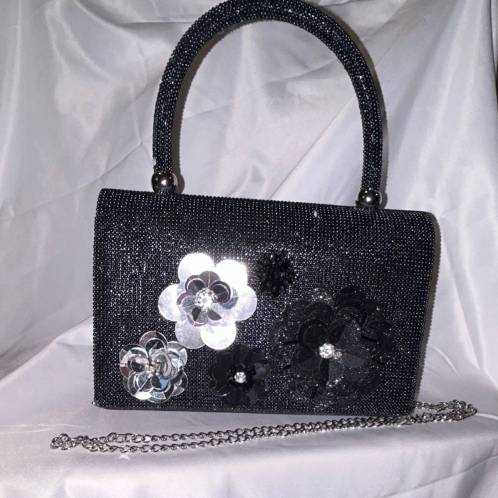 Black and Silver Beaded Floral Women's Top Handle Bag with 22” Chain Strap